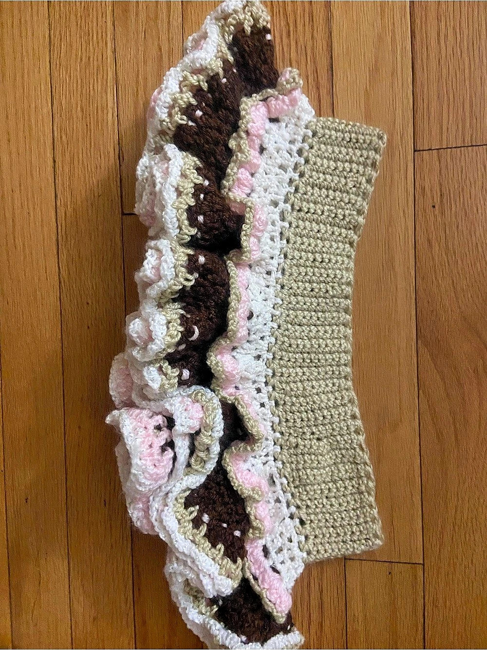 Handmade Crochet Ruffle Shrug in Brown & Pink